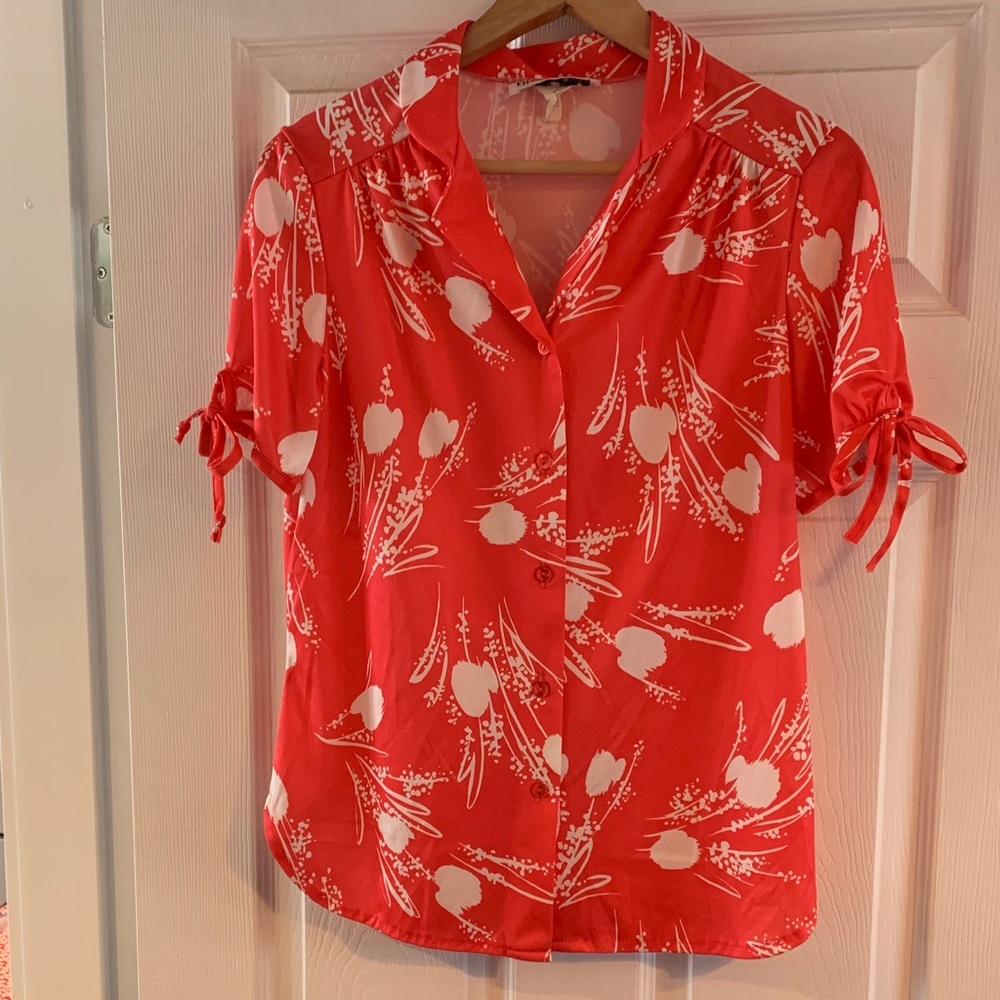 Vintage Polyester Red Floral Tie-Sleeve Button Front Women's Top